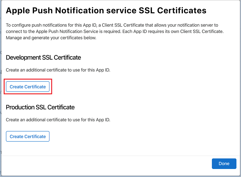 Create certificate for App ID button