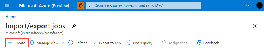 Screenshot of the command menu at the top of the Azure Import Export Jobs home page in the Azure portal. The Plus Create command is highlighted.