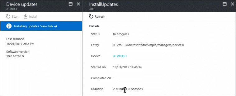The Install Updates pane has installation information, including device, status, duration, start time, and stop time.