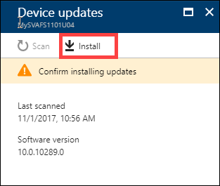 Device updates says "Confirm installing updates". The Install button is highlighted.