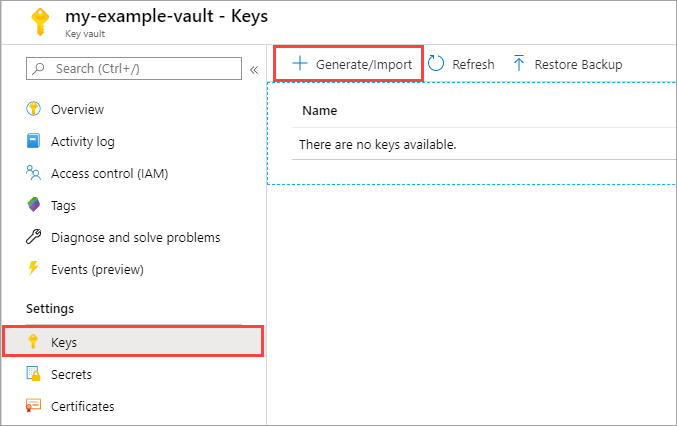 Screenshot of the Key Vault resource settings pane. Shows the generate/import button inside settings.