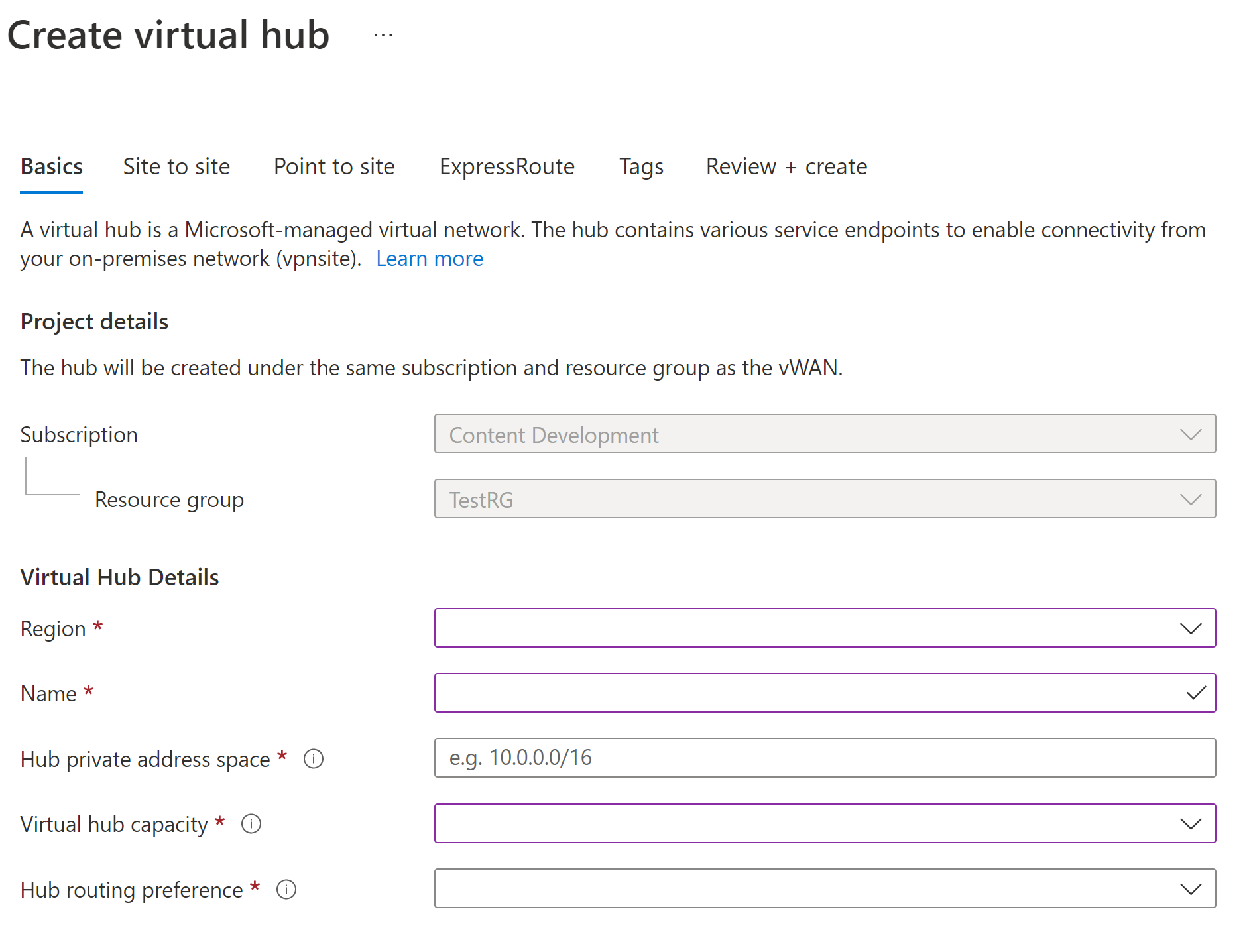 Screenshot shows the Create virtual hub pane where you can enter values.