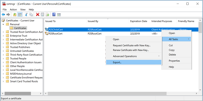 Screenshot shows the Certificates window for the current user with Certificates selected and Export selected from All Tasks.