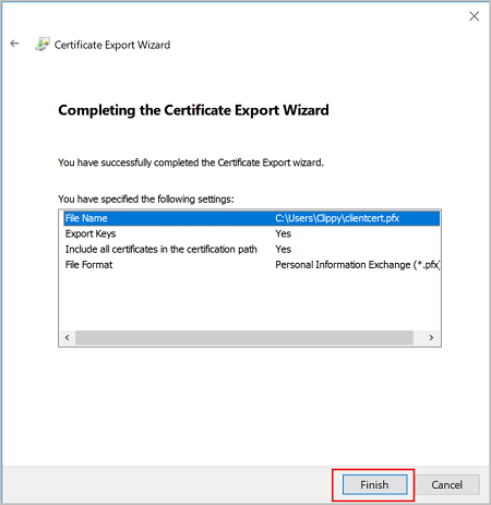 Screenshot shows the Certificate Export Wizard with the entered settings.