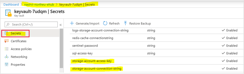 Screenshot that shows where to copy the access key of the restored storage account.