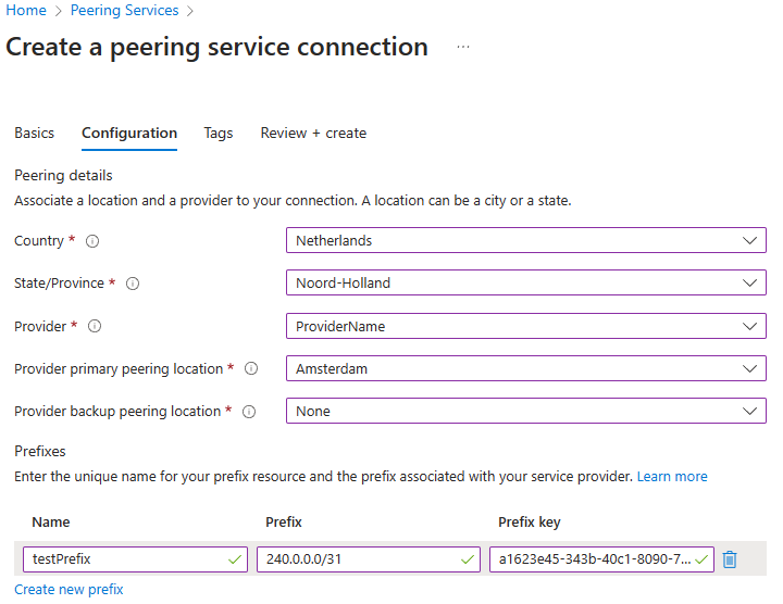 Screenshot of th the Configuration tab of creating a Peering Service connection in the Azure portal.