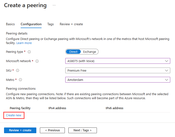 Screenshot of the Configuration tab of creating a peering in the Azure portal.