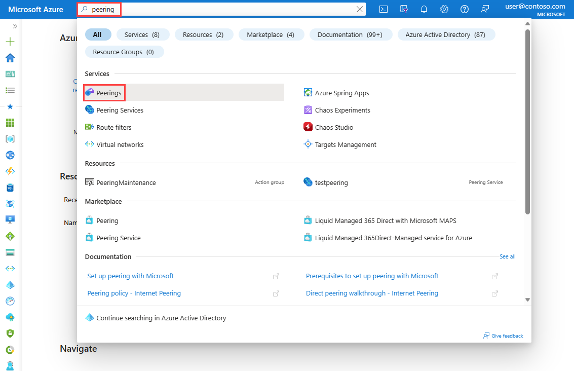 Screenshot shows how to search for Peering resources in the Azure portal.