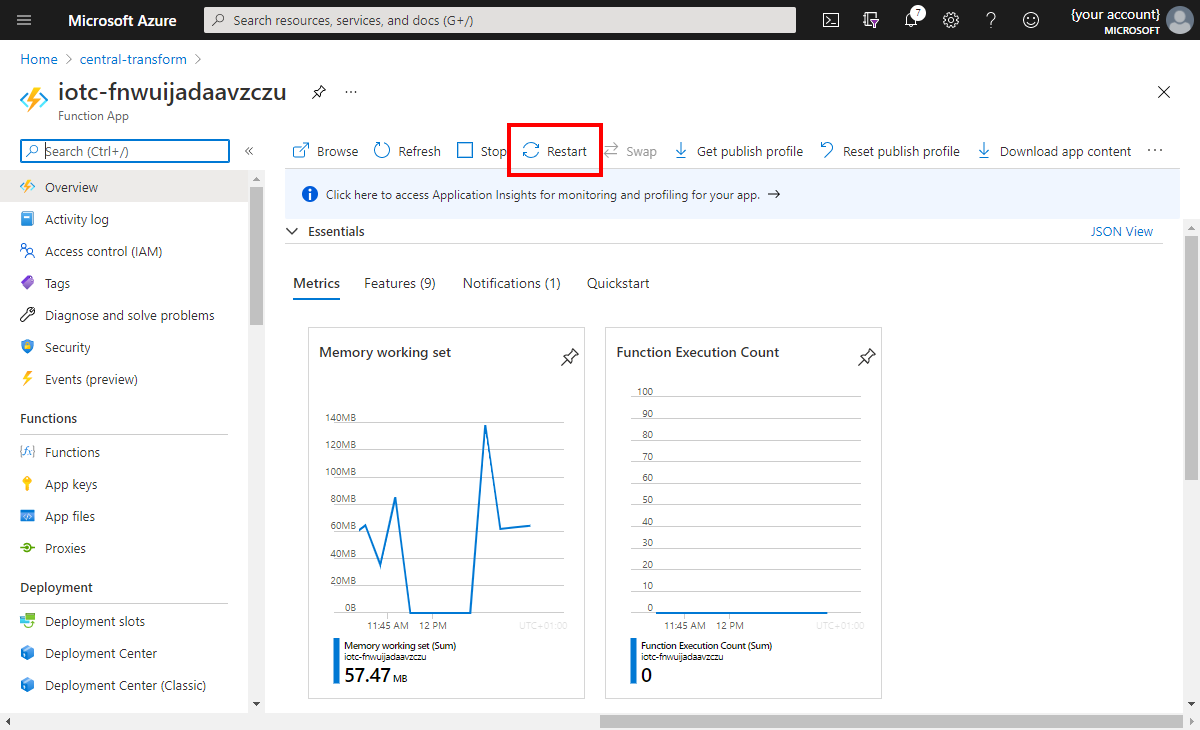 Screenshot that shows the restart option in Azure Functions.