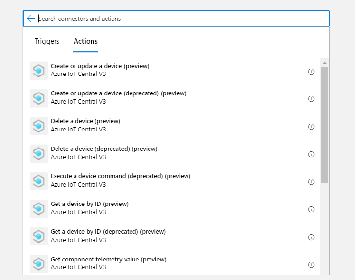 Find the Azure IoT Central V3 connector and choose an action