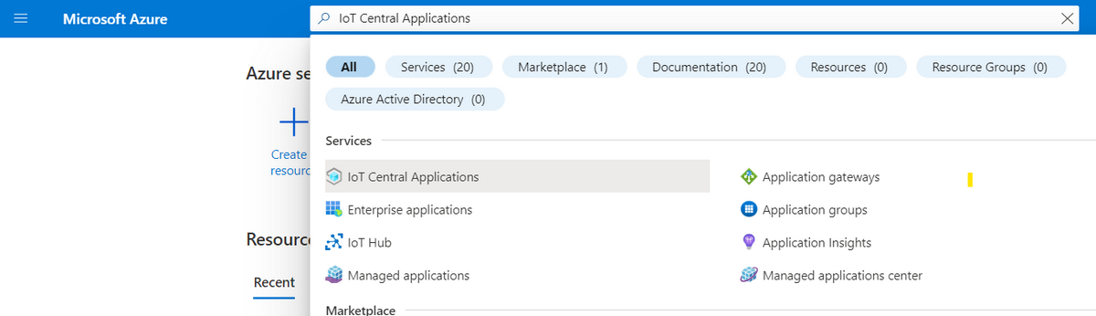 Screenshot that shows the search results for "IoT Central Applications" with the first service selected.