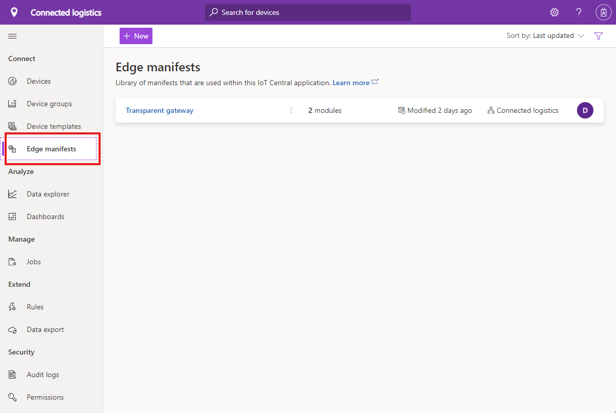 Screenshot of IoT Edge manifests page where you can manage IoT Edge deployment manifests.