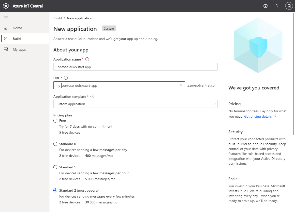 Azure IoT Central Create an application page