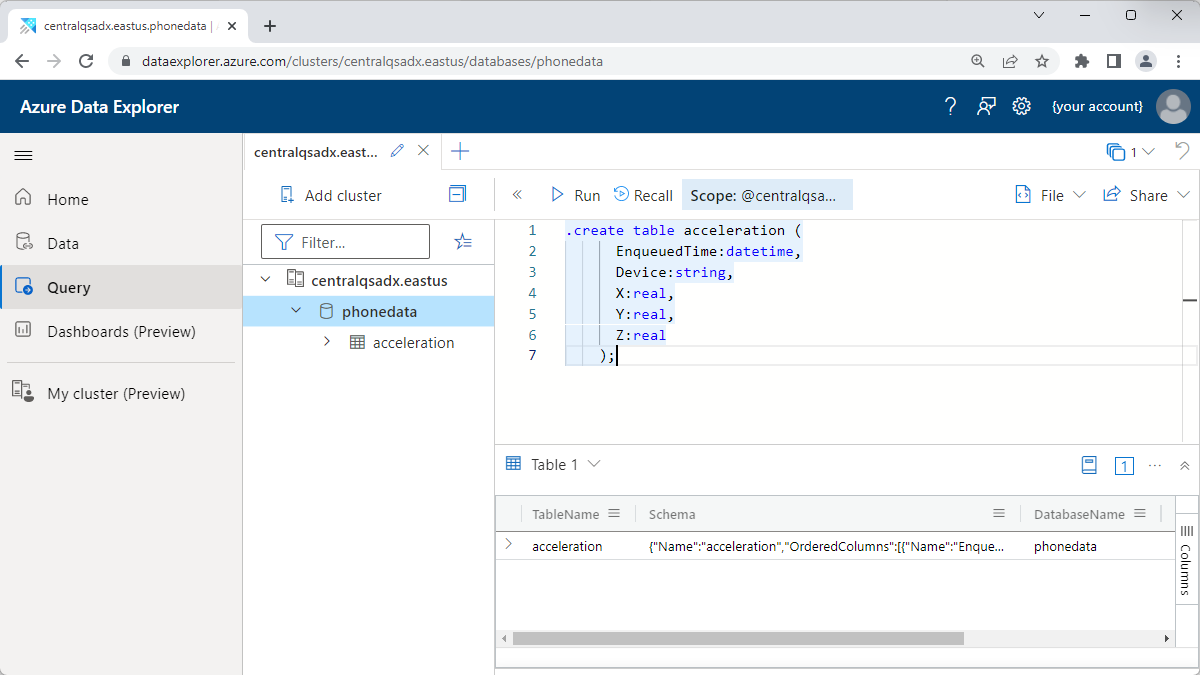 Screenshot that shows the results of creating the table in Azure Data Explorer.
