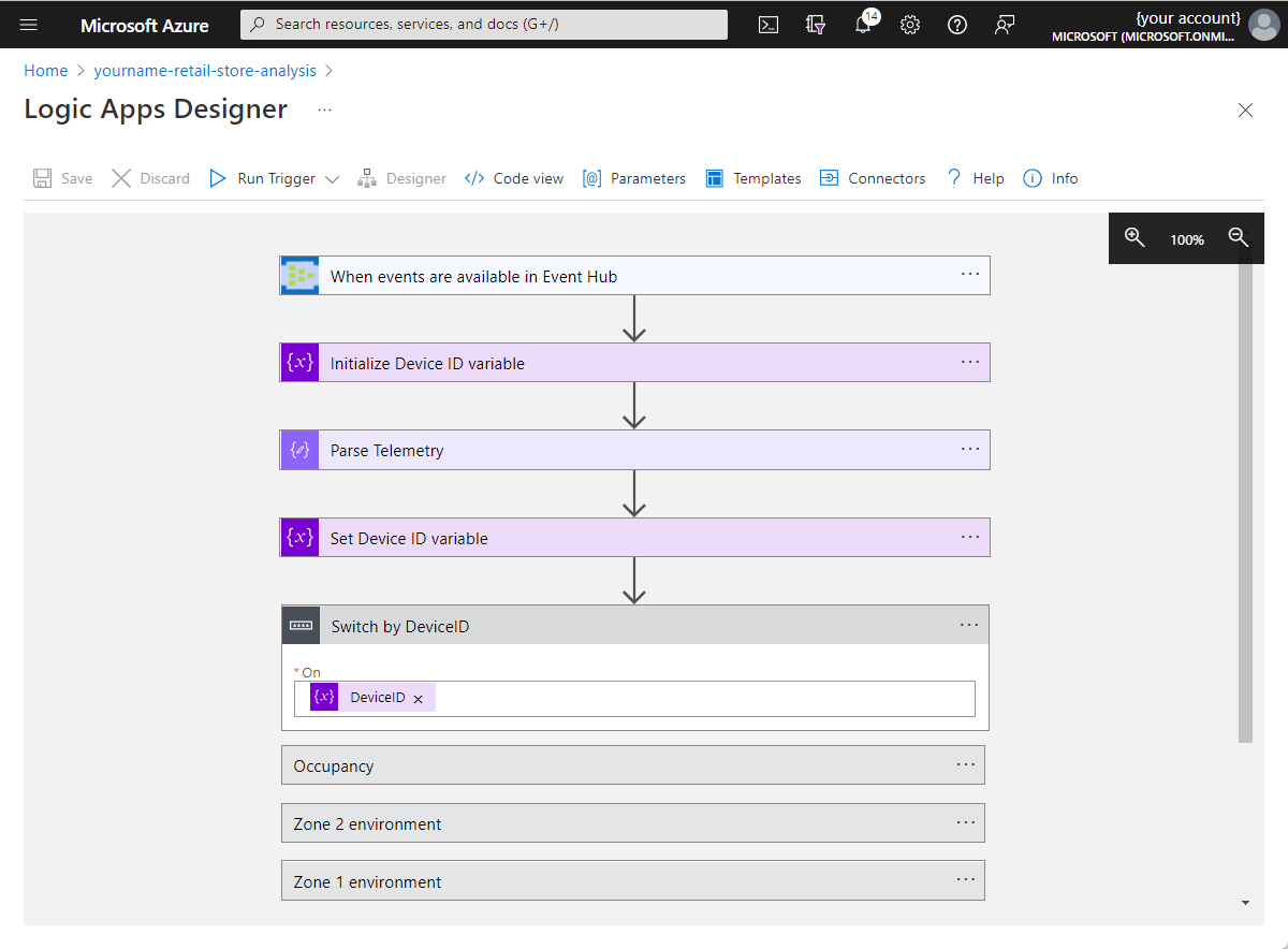 Screenshot of the Logic Apps Designer in the Azure portal with the initial logic app.
