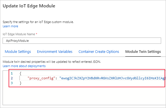 Screenshot that shows how to paste encoded config file as value of proxy_config property.