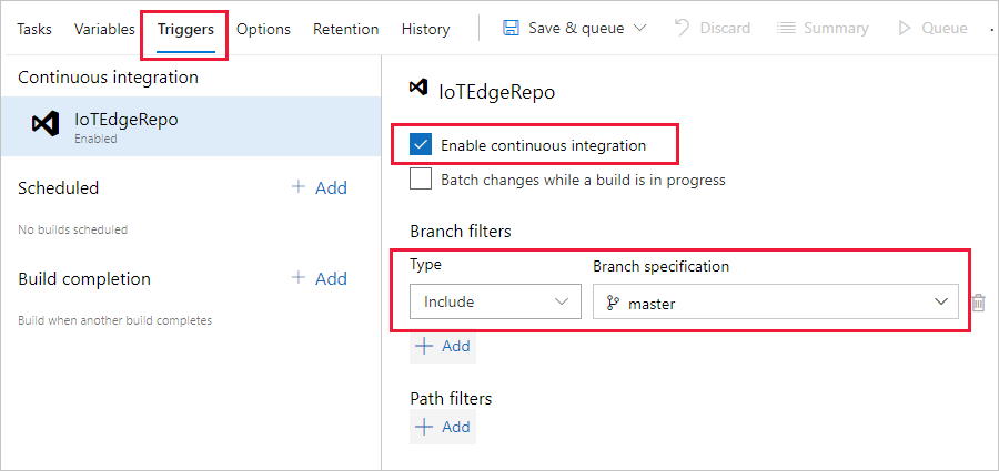 Screenshot showing how to turn on continuous integration trigger.
