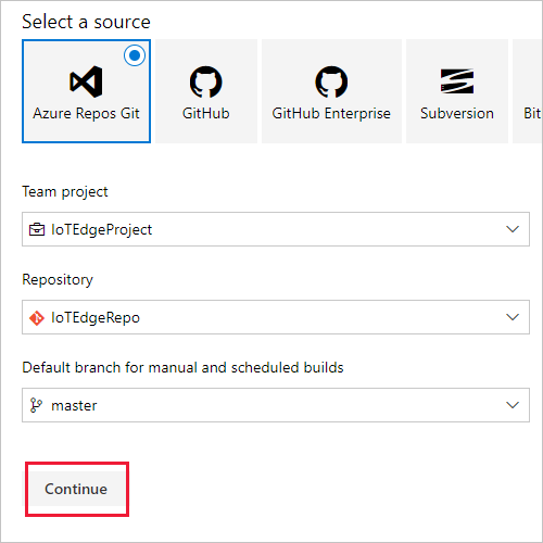 Screenshot showing how to select your pipeline source.