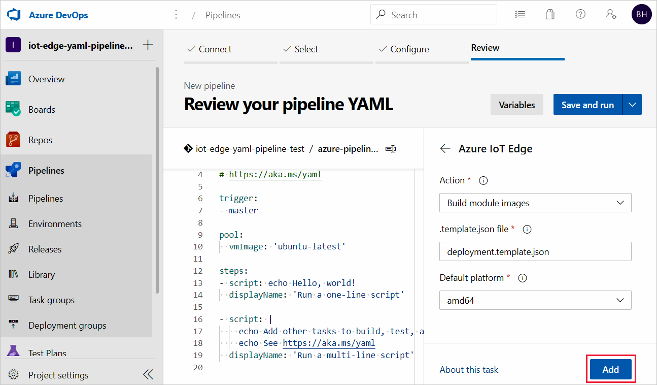 Screenshot of the Use Tasks palette and how to add tasks to your pipeline.
