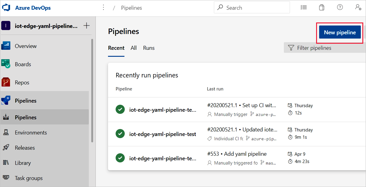 Screenshot showing how to create a new build pipeline using the New pipeline button .