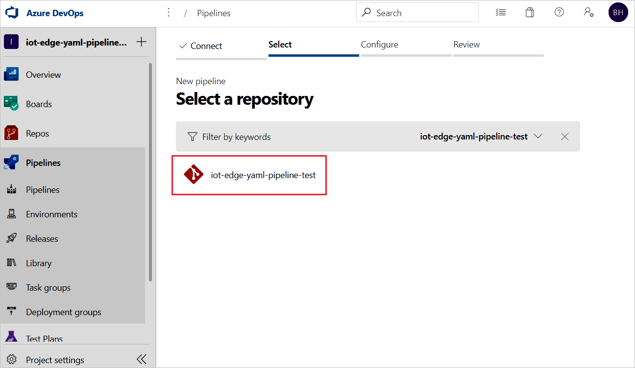 Screenshot showing how to select the repository for your build pipeline.