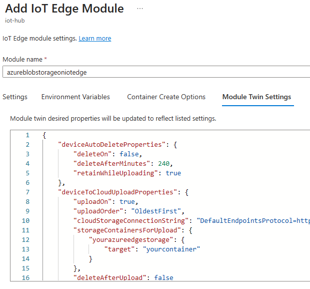 Screenshot showing the Module Twin Settings tab of the Add IoT Edge Module page.