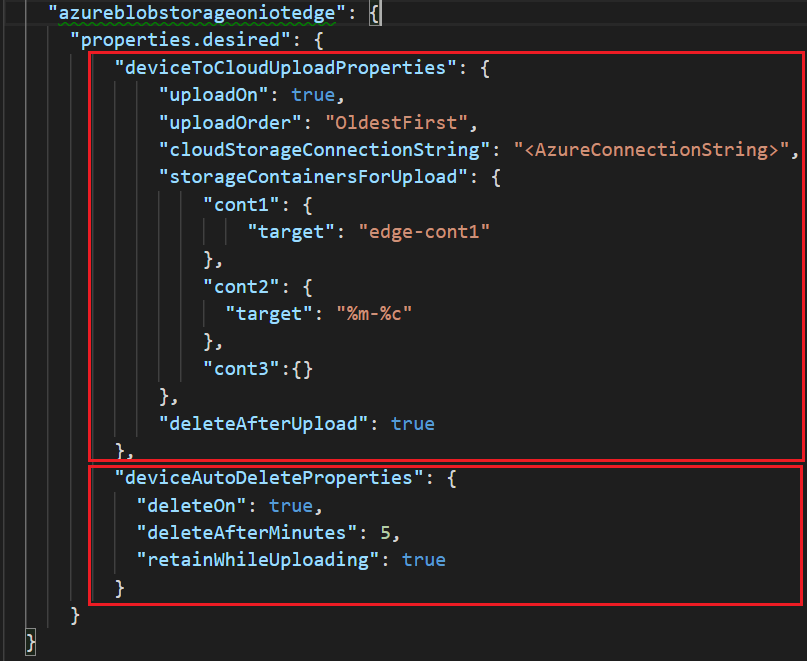 Screenshot showing how to set desired properties for azureblobstorageoniotedge in Visual Studio Code.