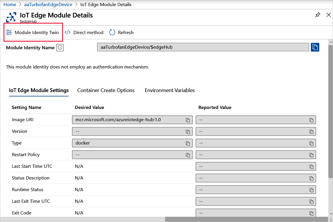 Screenshot showing how to select a module twin to view in the Azure portal.