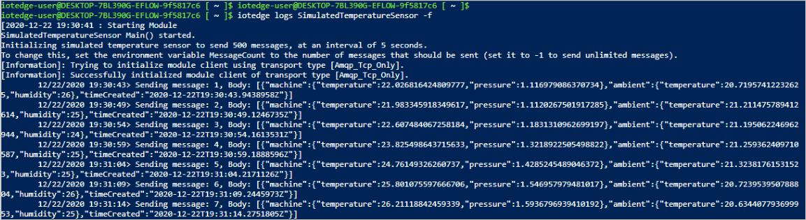 View the output logs of the Simulated Temperature Sensor module.