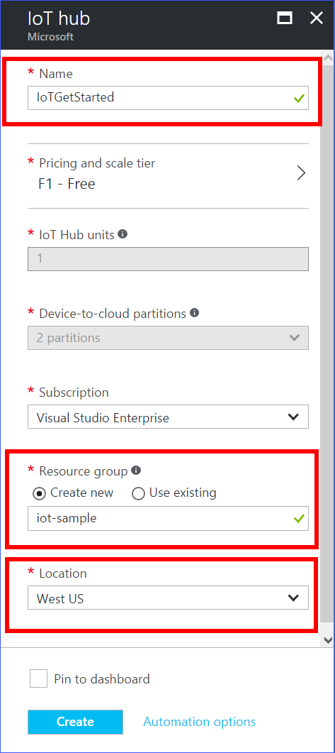 Fill in the fields for creating your Azure IoT hub