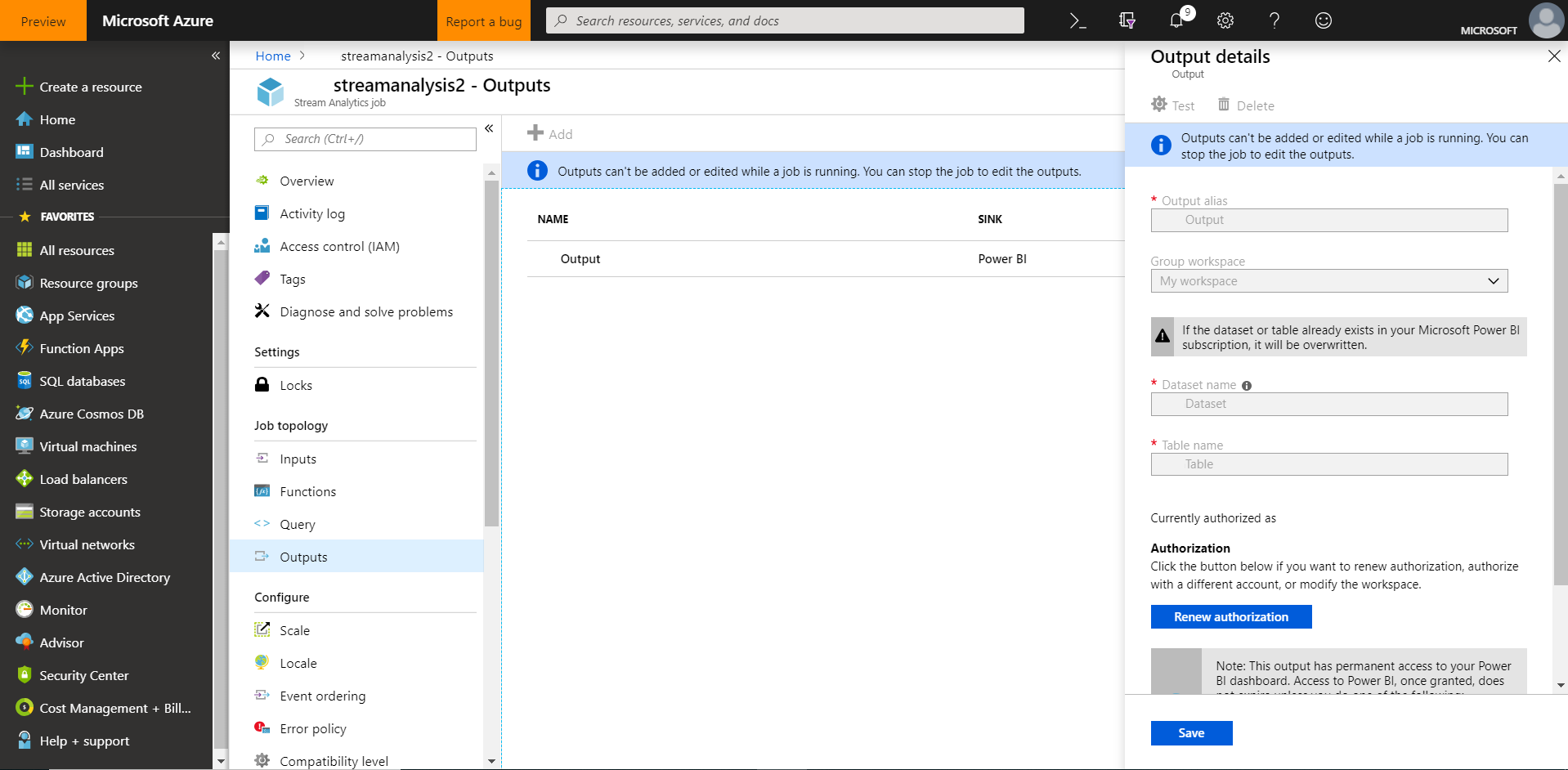 Add an output to a Stream Analytics job in Azure