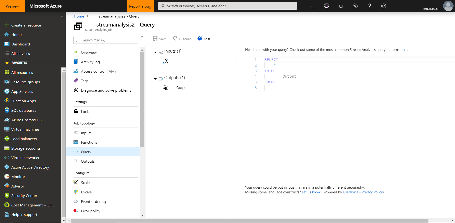 Add a query to a Stream Analytics job in Azure