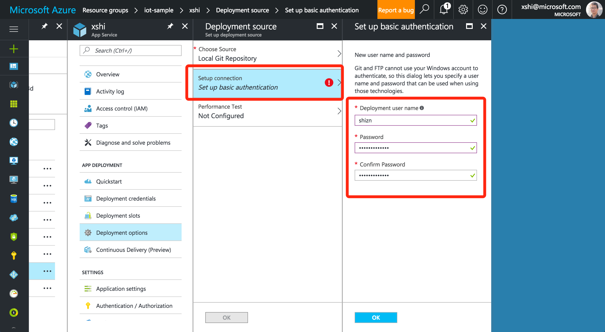 Set user name and password for the git repository in Azure for your web app
