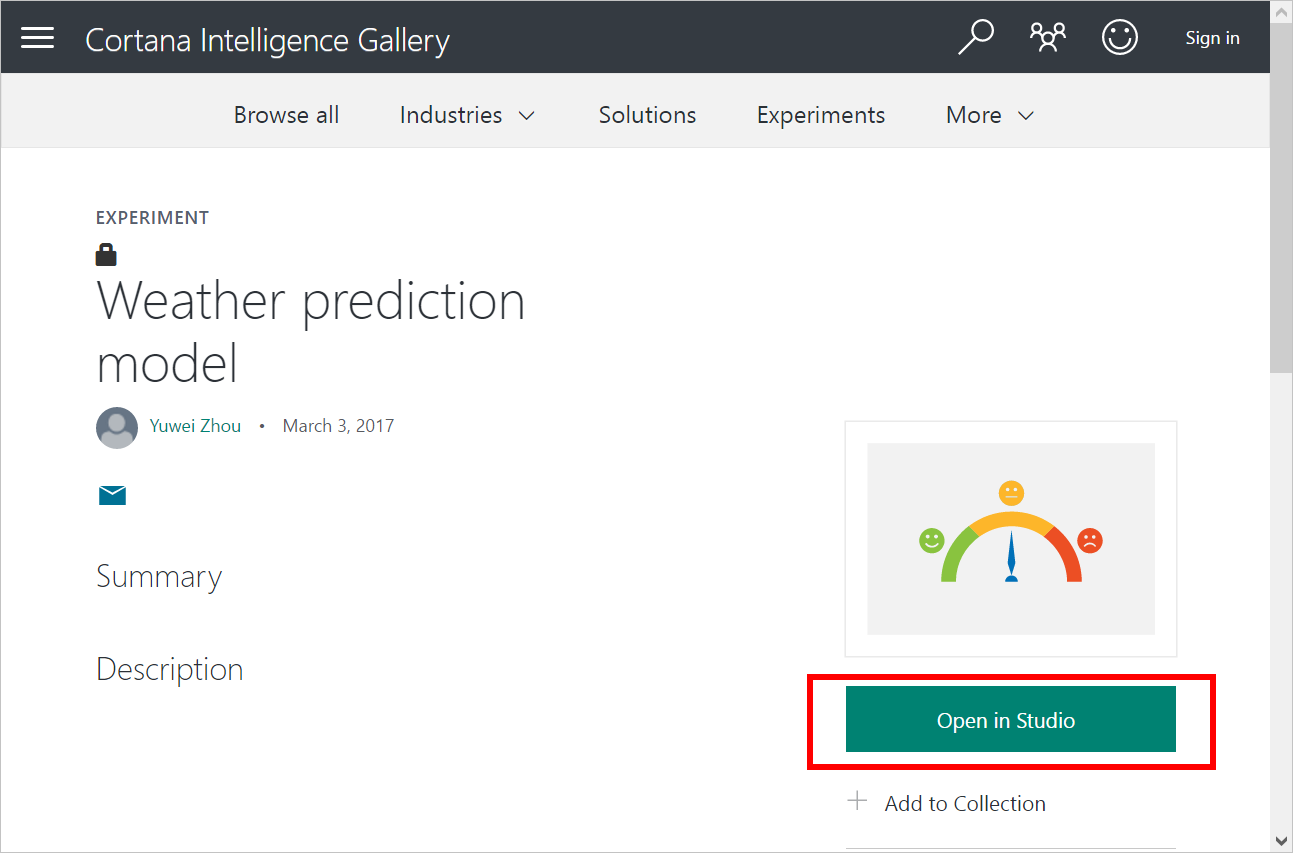 Open the weather prediction model page in Cortana Intelligence Gallery