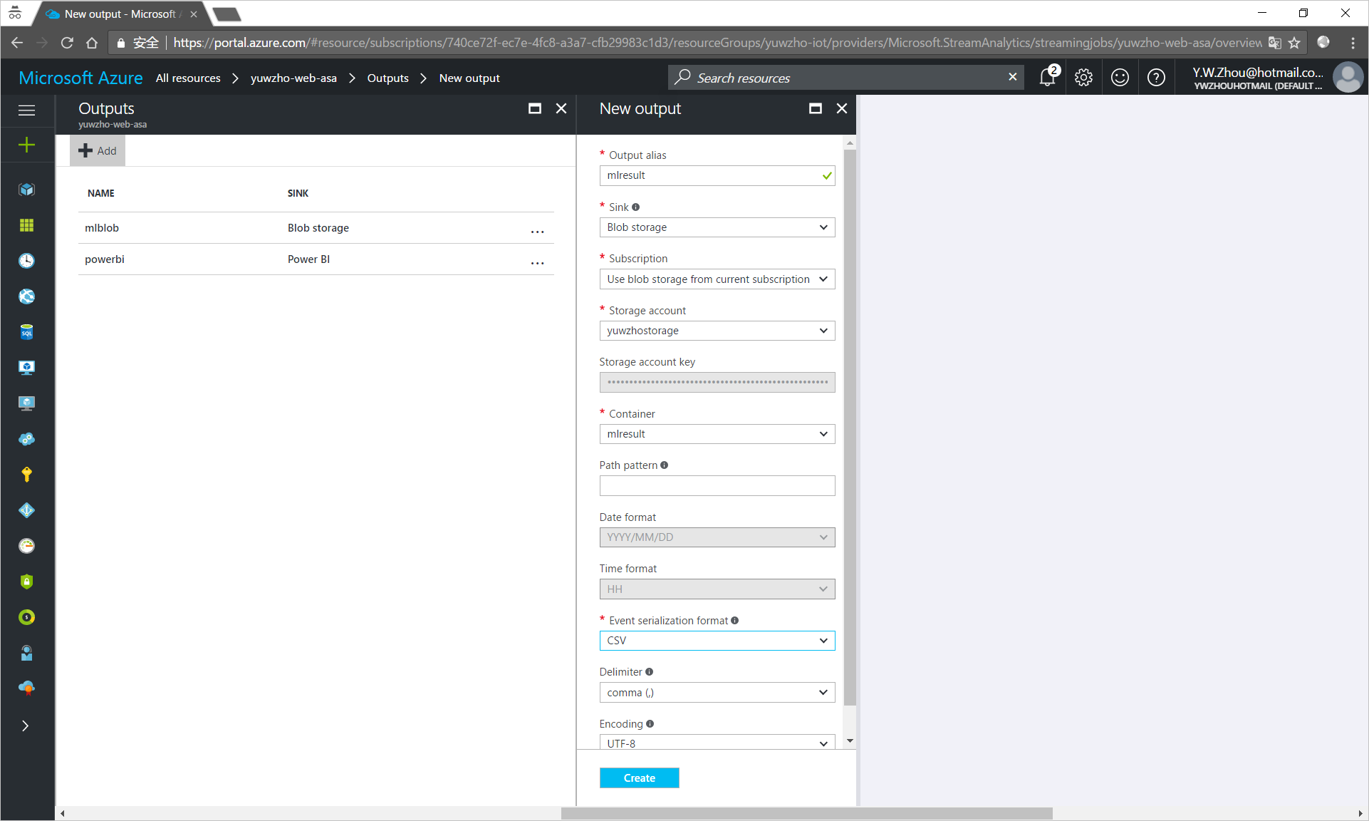 Add an output to the Stream Analytics job in Azure