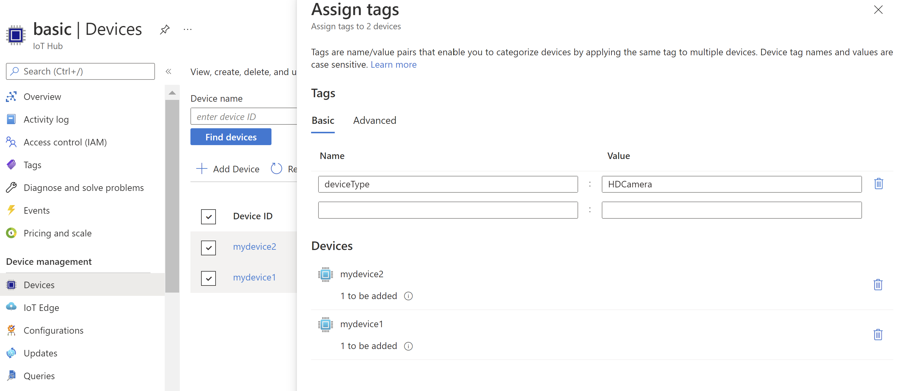 Screenshot of assigning tags to devices screen.