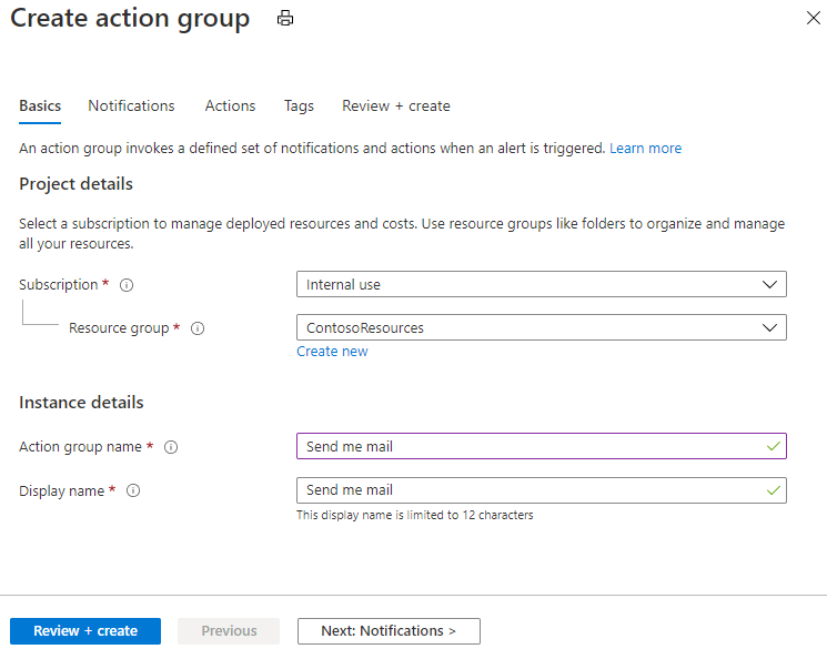Screenshot showing Basics tab of Create action group pane.