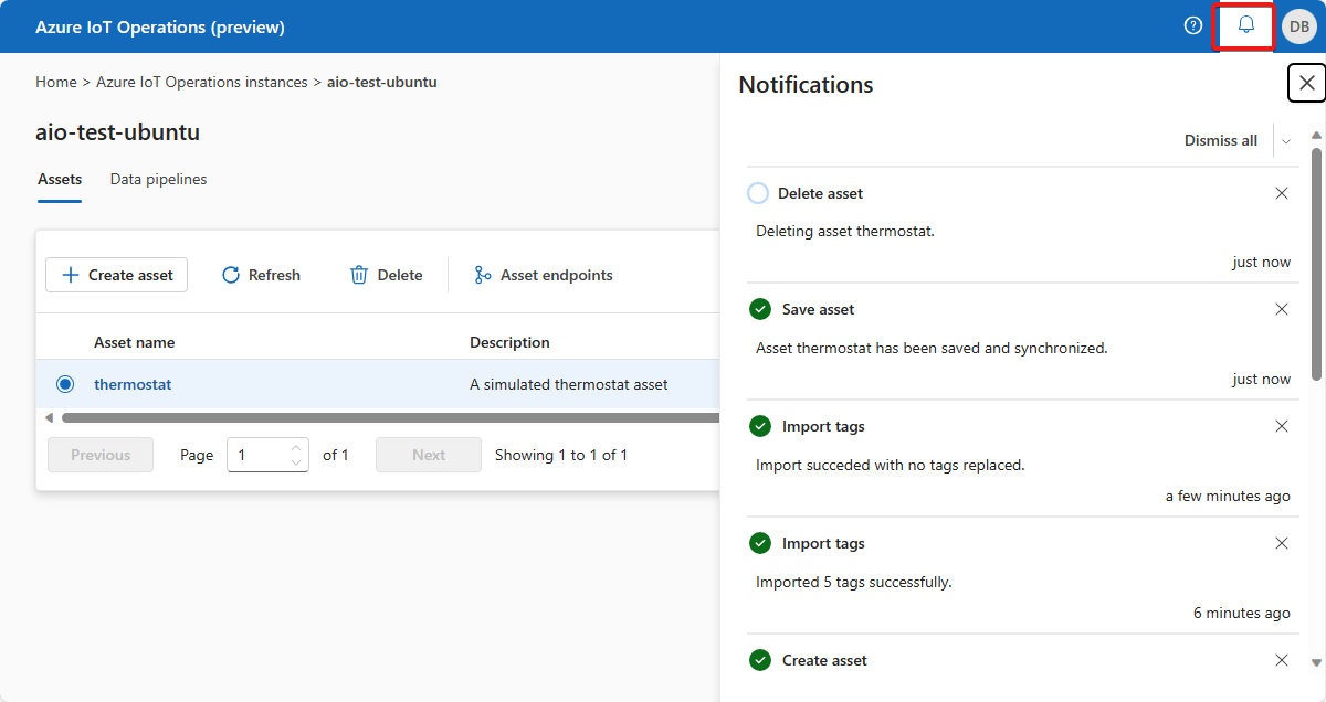 A screenshot that shows the notifications in the Azure IoT Operations (preview) portal.