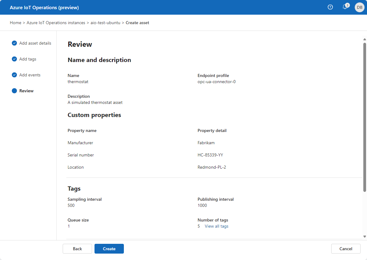 A screenshot that shows how to review your asset, tags, and events in the Azure IoT Operations (preview) portal.