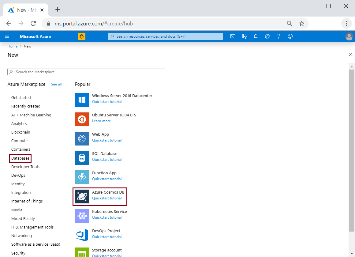 Azure portal, create a resource, search for Azure Cosmos DB.