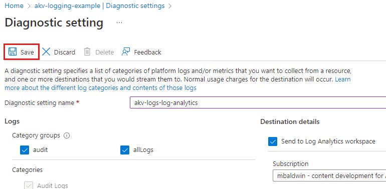 Screenshot of diagnostic settings options.