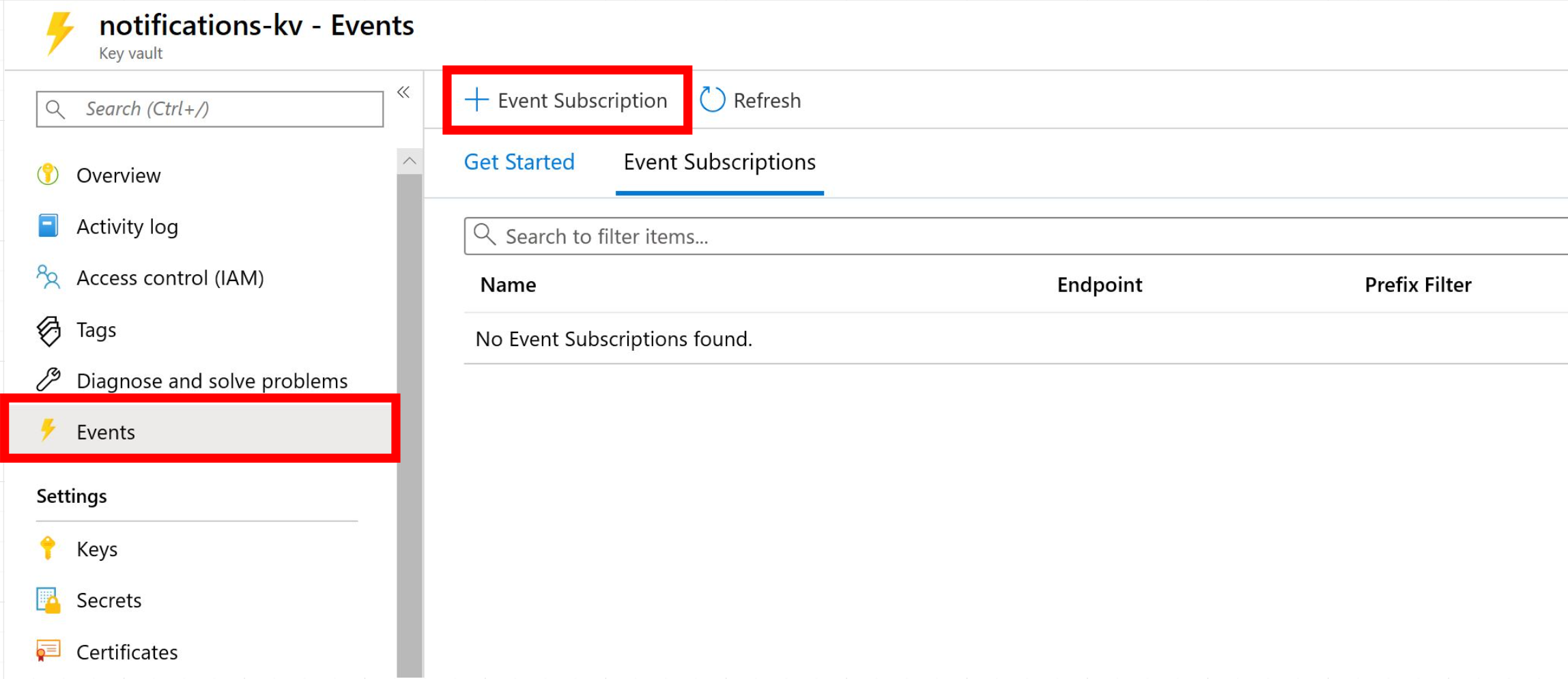 Events tab in Azure portal