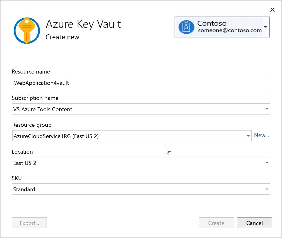 Screenshot of "Create Azure Key Vault" screen