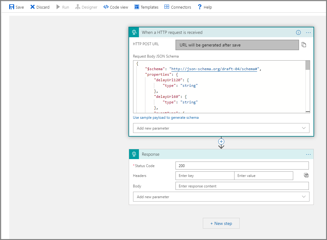 Screenshot showing the Request Body JSON Schema in the designer.
