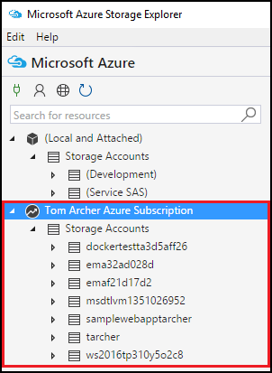 Screenshot that shows the storage accounts for a selected Azure subscription.