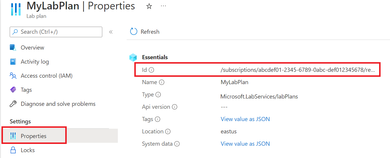 Screenshot of properties page for lab plan in Azure Lab Services with ID property highlighted.