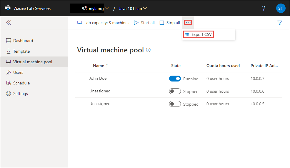 Screenshot of virtual machine pool page in Azure Lab Services.  The Export CSV menu item is highlighted.
