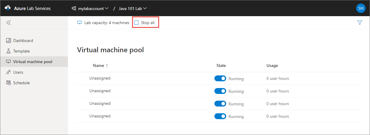 Screenshot that shows the Virtual machine pool page and the Stop all button is highlighted.