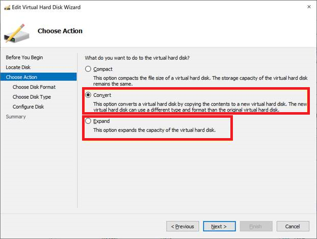 Screenshot that shows the Choose Action screen when editing a virtual machine in Hyper-V Manager.