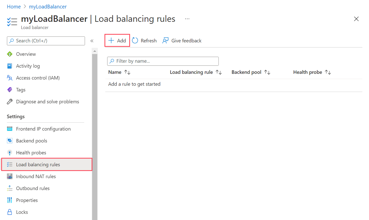Screenshot of the load-balancing rules page in a standard load balancer.